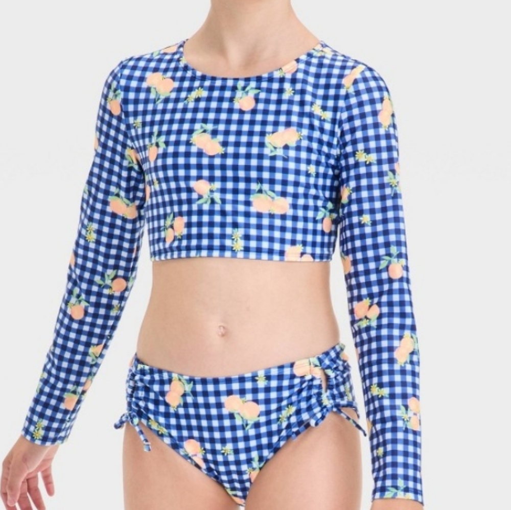 Art Glass Girls Orange Blossom Gingham Rash Guard Top Size XL/14 NWT *Top Only